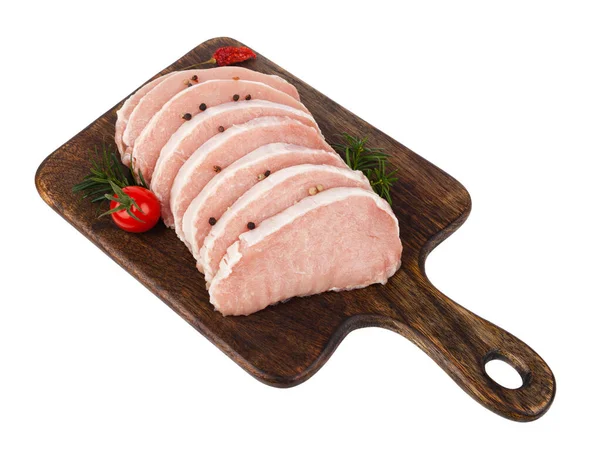 Raw Pork Chop Sliced Chopping Board White Background Isolated — Stock Photo, Image