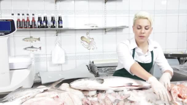 Mujer trayendo un pez grande — Vídeos de Stock