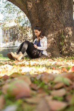 Dijital tablet parkta kullanan kız 