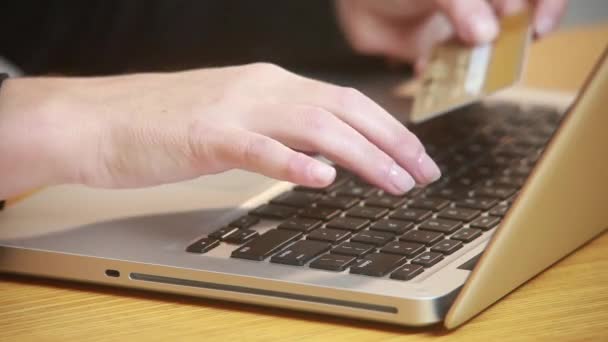 Businesswoman typing number of credit card on laptop — Stock Video