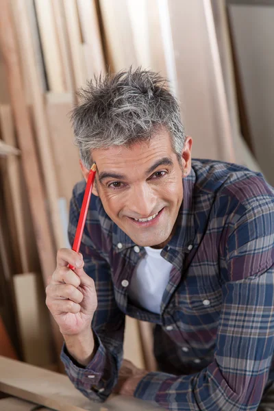 Carpintero sosteniendo un lápiz — Foto de Stock