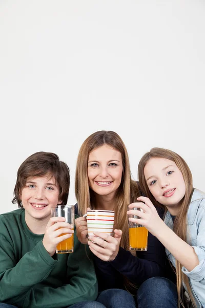 Ibu dengan anak laki-laki dan perempuan minum jus — Stok Foto