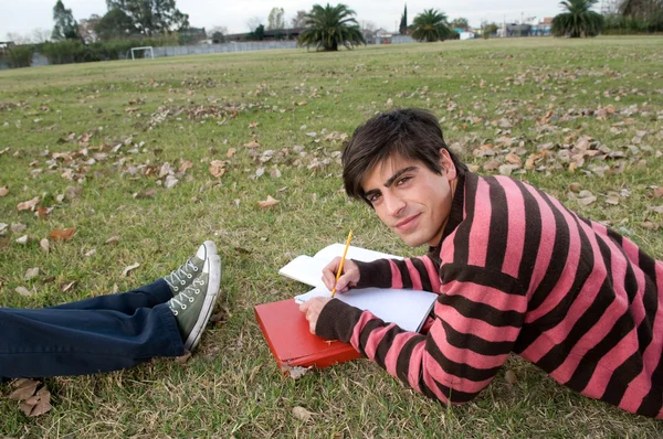 Hombre acostado en la hierba estudiando — Foto de Stock