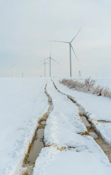 Moinho de vento no campo no inverno — Fotografia de Stock