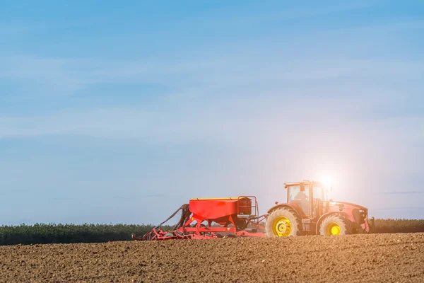 Puesta de sol sobre el tractor que desgarra el campo — Foto de Stock