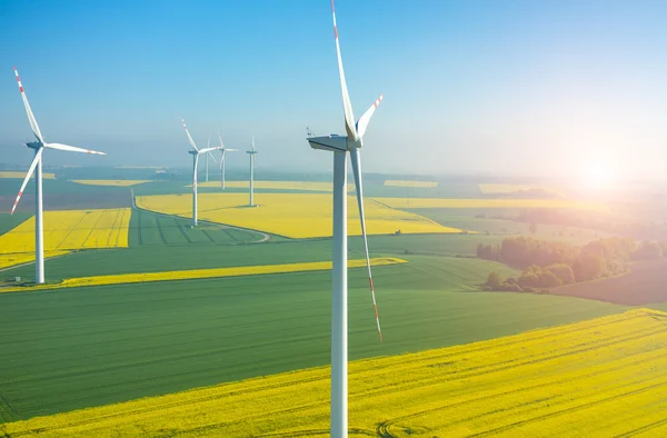 Solnedgången över väderkvarnar på fältet — Stockfoto