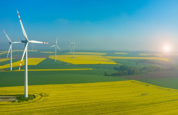 Puesta de sol sobre los molinos de viento en el campo — Foto de Stock