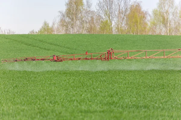 Spraying the herbicides on the green field — Stock Photo, Image