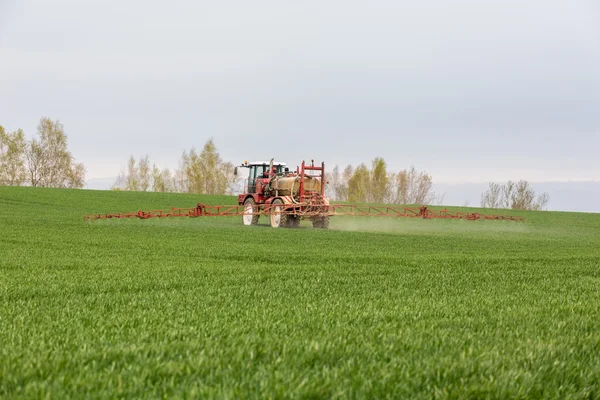 Spraying the herbicides on the green field — Stock Photo, Image