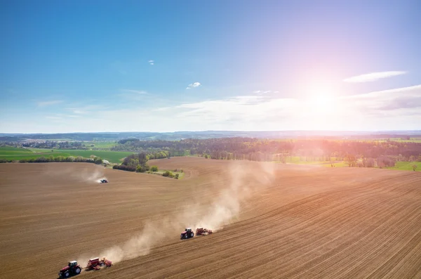 Aerial view of the sunset above the field — Stock Photo, Image