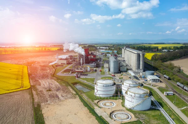 Sonnenuntergang über Biokraftstofffabrik Stockbild