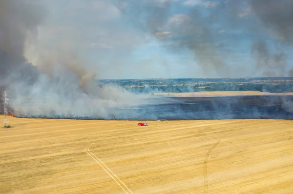 Camión bombero trabajando en el campo en llamas — Foto de Stock