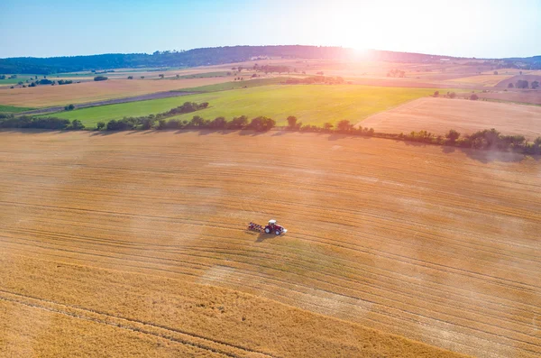 Sonnenuntergang über dem Traktor, der auf dem Weizenfeld arbeitet — Stockfoto