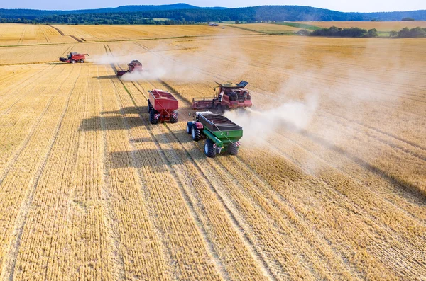 Skördetröskor och traktorer arbetar på fältet vete — Stockfoto