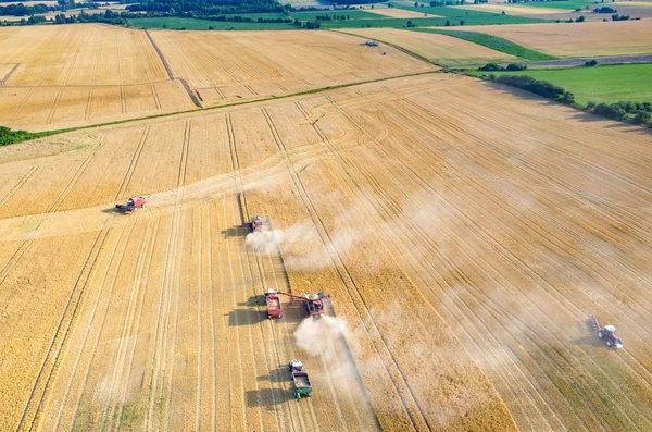 Kombajnów i ciągników pracujących na polu pszenicy — Zdjęcie stockowe