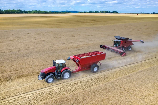 Mähdrescher und Traktoren arbeiten auf dem Weizenfeld lizenzfreie Stockfotos