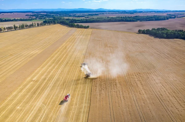 Комбайны и тракторы, работающие на пшеничном поле — стоковое фото