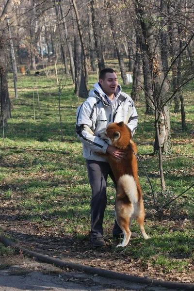 Человек и веселая собака в общественном парке — стоковое фото