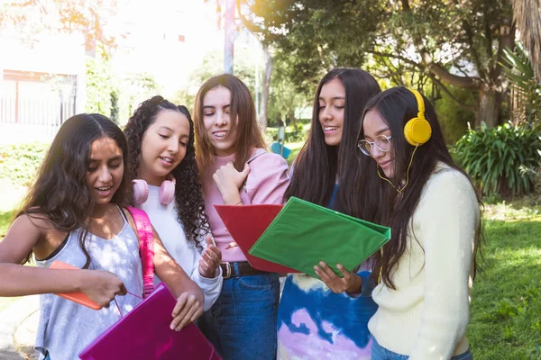 Grupa Uśmiechniętych Latynoskich Nastolatków Przegląda Pracę Domową Parku Koncepcja Edukacji — Zdjęcie stockowe