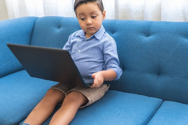 Дошкольный Ребенок Смотрит Монитор Ноутбука Сидящего Диване Своей Гостиной — стоковое фото