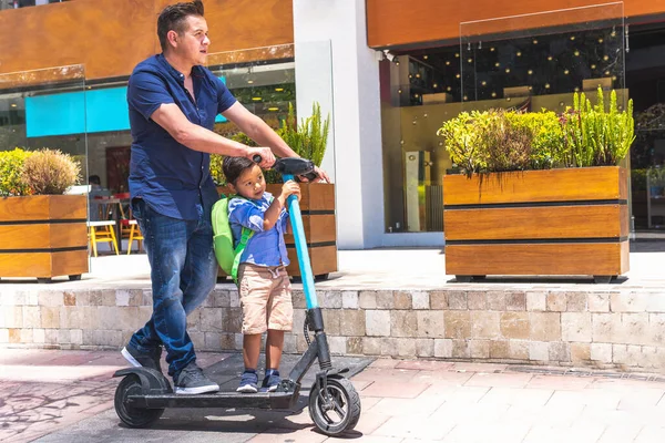 Father Son School Electric Scooter — 스톡 사진