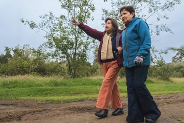 Doğada yürüyen, sohbet eden ve işaret eden iki kıdemli bayan arkadaş.