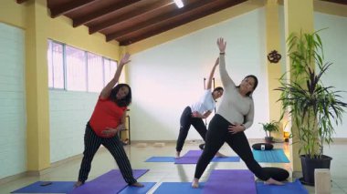 İyi ışıklandırılmış bir stüdyoda doğum öncesi yoga dersinde esneme egzersizleri yapan hamile kadınlar.