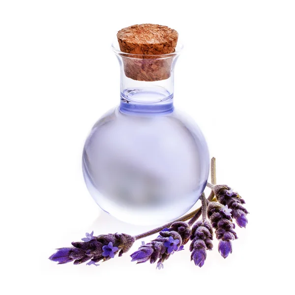 Pequeno Jarro Vidro Com Líquido Roxo Lavanda Isolado Fundo Branco — Fotografia de Stock