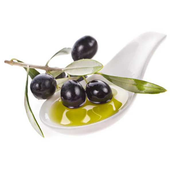 Spoon Olive Oil Olives Twig Isolated White Background — Stock Photo, Image