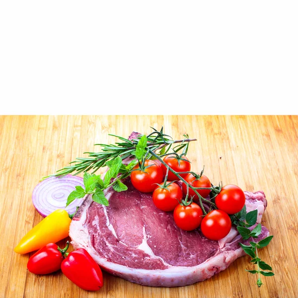 Carne Grosso Pezzo Sull Osso Trova Tavola Legno Decorato Con — Foto Stock