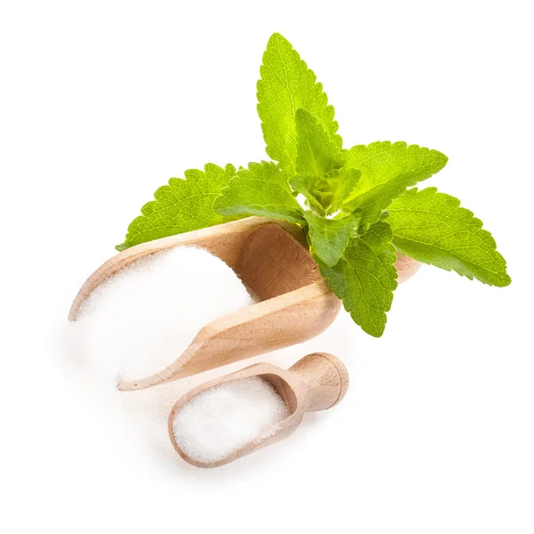 Mint Leaves Wooden Spoons Sugar — Stock Photo, Image
