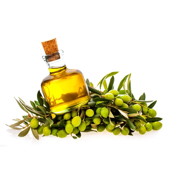 Mini Bottle Olive Oil Branches White Background — Stock Photo, Image