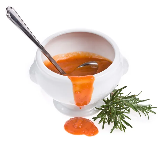 Hausgemachte Sauce Mit Löffel Weißer Schüssel Auf Weißem Hintergrund Stockbild