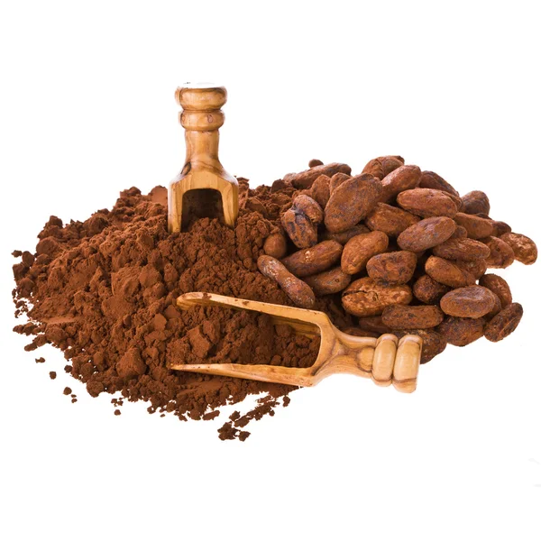 Kakaopulver Und Bohnen Mit Holzlöffeln Auf Weißem Hintergrund lizenzfreie Stockbilder