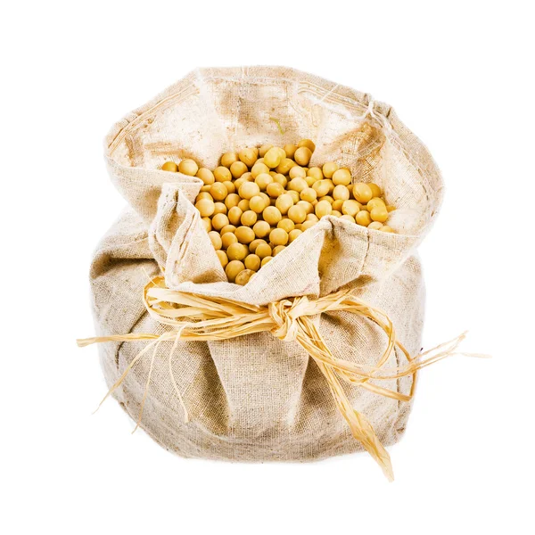 Cloth tied bag with soybeans — Stock Photo, Image