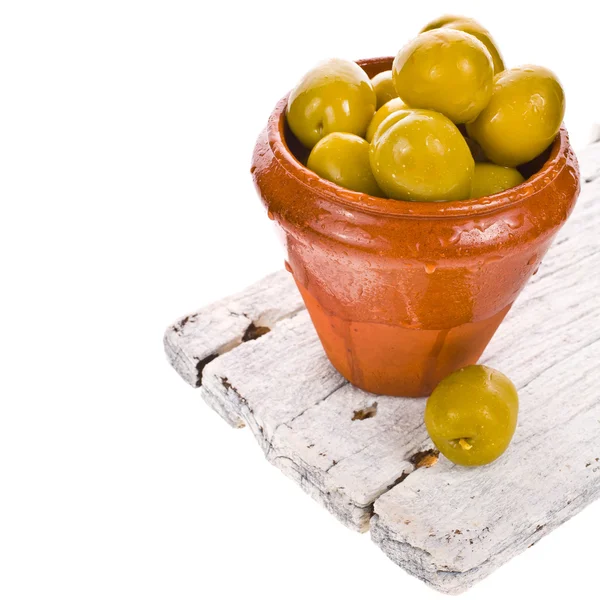 Olives marinated in a ceramic pot — Stock Photo, Image