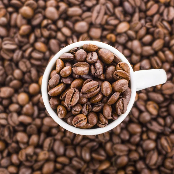 Чашка с жареным кофе в зернах — стоковое фото