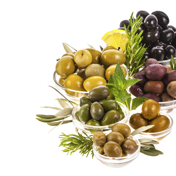 Pickled olives in glass bowls