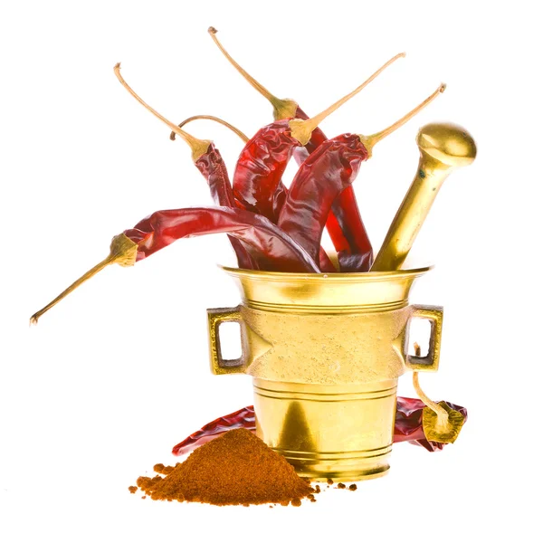 Chili pepper in a copper mortar — Stock Photo, Image