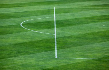 Çimenli futbol sahası üzerinde çizgili desen Close-Up