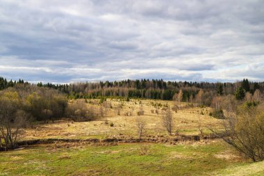 Bahar manzarası. Bulutlu bir günde tarlalar, nehir ve ormanlar. Tepeden bak. Güzel doğa arkaplanı