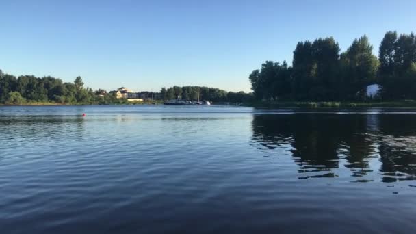 Fiume Una Sera Estate Circondato Alberi Verdi Sono Barche Yacht — Video Stock