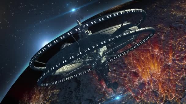 Interstellares Raumschiff in der Nähe eines außerirdischen Planeten — Stockvideo