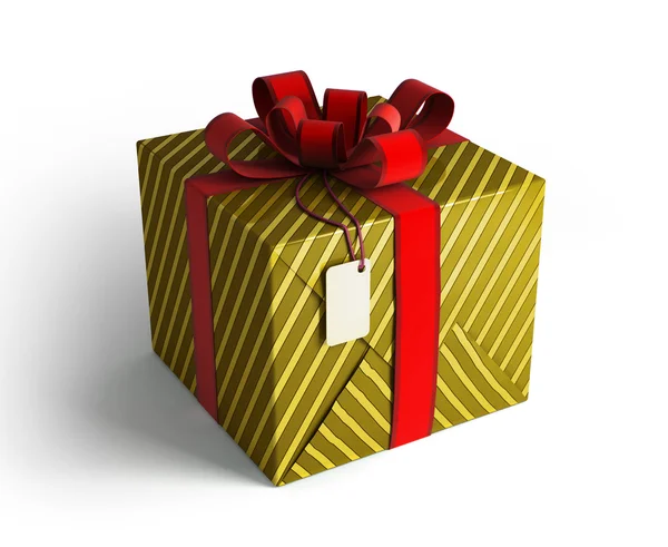 Present box with red ribbon, gold wrap — Stock Photo, Image