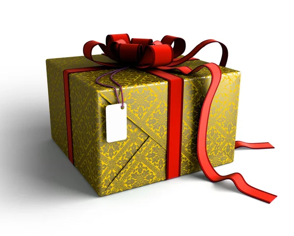 Подарункова коробка з червоною стрічкою, золота обгортка — стокове фото