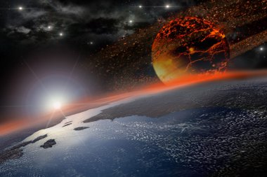 Dünya'ya çarpan kırmızı ay ve asteroit