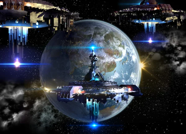 Космические корабли пришельцев вторгаются на Землю — стоковое фото