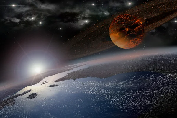 Red moon and asteroid hitting Earth — Stock Photo, Image