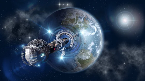 Interstellar spaceship leaving Earth — Stock Photo, Image