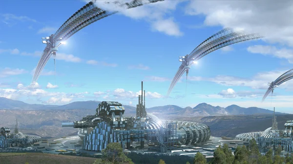 Kompozyt architektury Sci-Fi z malowniczymi krajobrazami — Zdjęcie stockowe
